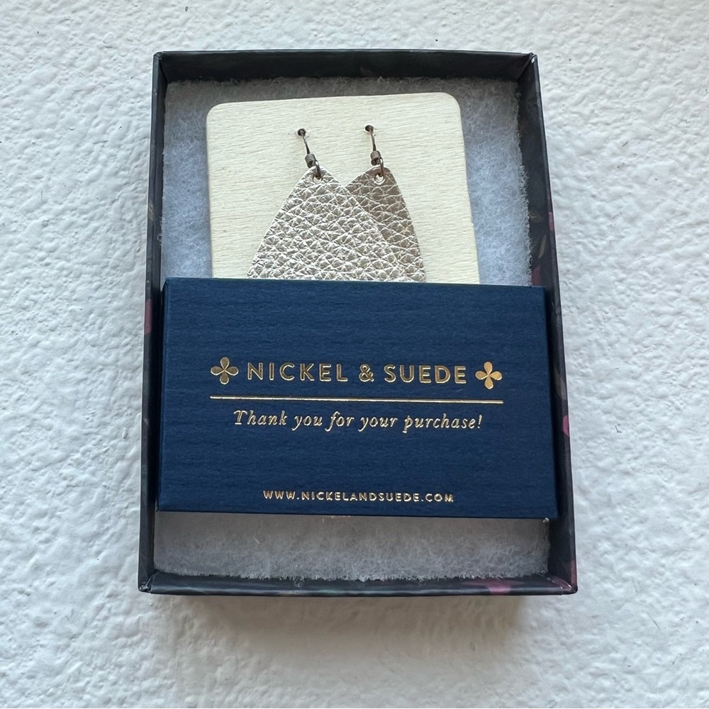 Nickel & Suede Leather Teardrop Earrings, NEW